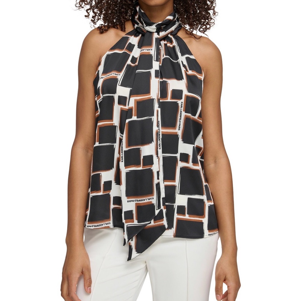 KARL LAGERFELD PARIS Womens Med Printed Tie-Neck Blouse Sleeveless Logo Resort